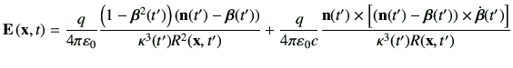 $\displaystyle \vE\xt =\frac{q}{4\pi \vepsilon_0} \frac{ \left(1-\bm{\beta}^2(t'...
...{\beta}(t')\right) \times \dot{\bm{\beta}}(t') \right]}{\kappa^3(t') R(\vx,t')}$