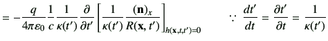 $\displaystyle = -\frac{q}{4\pi\vepsilon_0} \frac{1}{c} \frac{1}{\kappa(t')}\deL...
...]_{h(\vx,t,t')=0} \qquad \because  \di{t'}{t}=\del{t'}{t}=\frac{1}{\kappa(t')}$