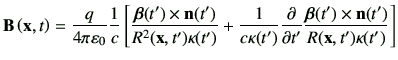 $\displaystyle \vB\xt
= \frac{q}{4\pi\vepsilon_0} \frac{1}{c}
\left[
\frac{\bm{\...
...t')}\deL{t'} \frac{\bm{\beta}(t') \times \vn(t')}{R(\vx,t')\kappa(t')}
\right]
$