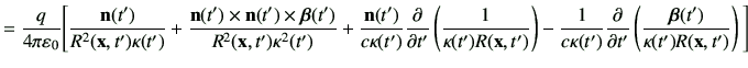 $\displaystyle = \frac{q}{4\pi \vepsilon_0} \Bigg[ \frac{\vn(t')}{R^2(\vx,t')\ka...
...a(t')} \deL{t'} \left(\frac{\bm{\beta}(t')}{\kappa(t') R(\vx,t')}\right) \Bigg]$