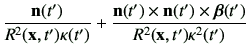 $\displaystyle \frac{\vn(t')}{R^2(\vx,t')\kappa(t')} + \frac{\vn(t')\times \vn(t')\times \bm{\beta}(t')}{R^2(\vx,t')\kappa^2(t')}$