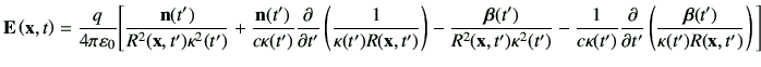 $\displaystyle \vE\xt = \frac{q}{4\pi \vepsilon_0} \Bigg[ \frac{\vn(t')}{R^2(\vx...
...a(t')} \deL{t'} \left(\frac{\bm{\beta}(t')}{\kappa(t') R(\vx,t')}\right) \Bigg]$