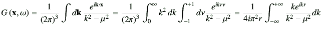 $\displaystyle G\xo = \frac{1}{\left(2\pi\right)^3} \int d\vk   \frac{e^{i\vk \...
...} = \frac{1}{4i \pi^2 r} \int_{-\infty}^{+\infty} \frac{ke^{ikr}}{k^2 -\mu^2}dk$