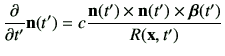 $\displaystyle \deL{t'}\vn(t') =c \frac{ \vn(t') \times \vn(t')\times \bm{\beta}(t') }{R(\vx,t')}$