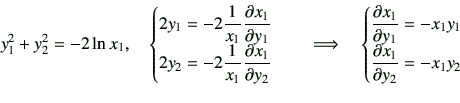 \begin{displaymath}
y_1^2 + y_2^2 = -2 \ln x_1,
\quad
\begin{cases}
2 y_1 = -2 ...
...x_1}{y_1} = -x_1 y_1 \\
\del{x_1}{y_2} = -x_1 y_2
\end{cases}\end{displaymath}