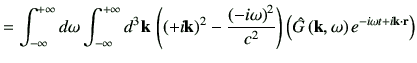 $\displaystyle =\Int d\omega \Int d^3\vk \, \left( \left( +i \vk\right)^2 -\frac...
...a\right)^2}{c^2} \right)\left( \hat{G}\ko e^{-i\omega t +i\vk \cdot \vr}\right)$