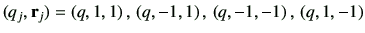 $\displaystyle (q_j,\vr_j)=\left(q,1,1\right),\,\left(q,-1,1\right),\,\left(q,-1,-1\right),\,\left(q,1,-1\right)
$