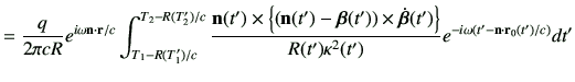 $\displaystyle =\frac{q}{2\pi cR}e^{i\omega \vn\cdot \vr/c}\int_{T_1-R(T_1')/c}^...
...ght\}}{R(t')\kappa^2(t')} e^{-i\omega \left(t'-\vn\cdot \vr_0(t')/c\right)} dt'$