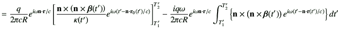 $\displaystyle = \frac{q}{2\pi c R}e^{i\omega \vn\cdot \vr/c} \left[ \frac{ \vn ...
...bm{\beta}(t')\right)e^{i\omega \left(t'-\vn \cdot \vr(t')/c\right)} \right\}dt'$