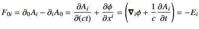 $\displaystyle F_{0i} = \partial _0 A_i -\partial _i A_0 =\del{A_i}{(ct)} + \del{\phi}{x^i} =\left( \Nabla_i \phi +\frac{1}{c}\del{A_i}{t} \right) =-E_i$