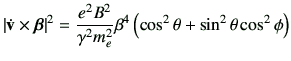 $\displaystyle \left\vert \dot{\vv} \times \bm{\beta}\right\vert^2
=
\frac{e^2 B^2}{\gamma^2 m_e^2}\beta^4 \left( \cos^2\theta+\sin^2\theta\cos^2\phi\right)
$