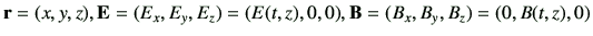 $ {\bf r}=(x,y,z),{\bf E}=(E_x,E_y,E_z)=(E(t,z),0,0),{\bf B}=(B_x,B_y,B_z)=(0,B(t,z),0)$