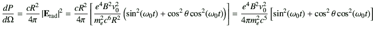 $\displaystyle \di{P}{\Omega} = \frac{cR^2}{4\pi} \left\vert\vE_{{\rm rad}}\righ...
...\pi m_e^2c^5} \left[ \sin^2(\omega_0t) + \cos^2\theta \cos^2(\omega_0t) \right]$